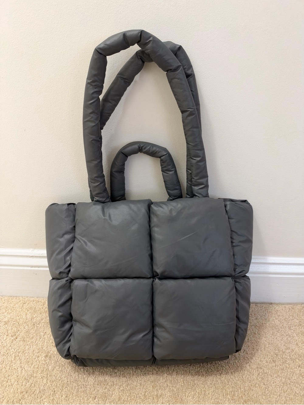Puffer Tote Bag in Gray - Quilted Soft Carryall